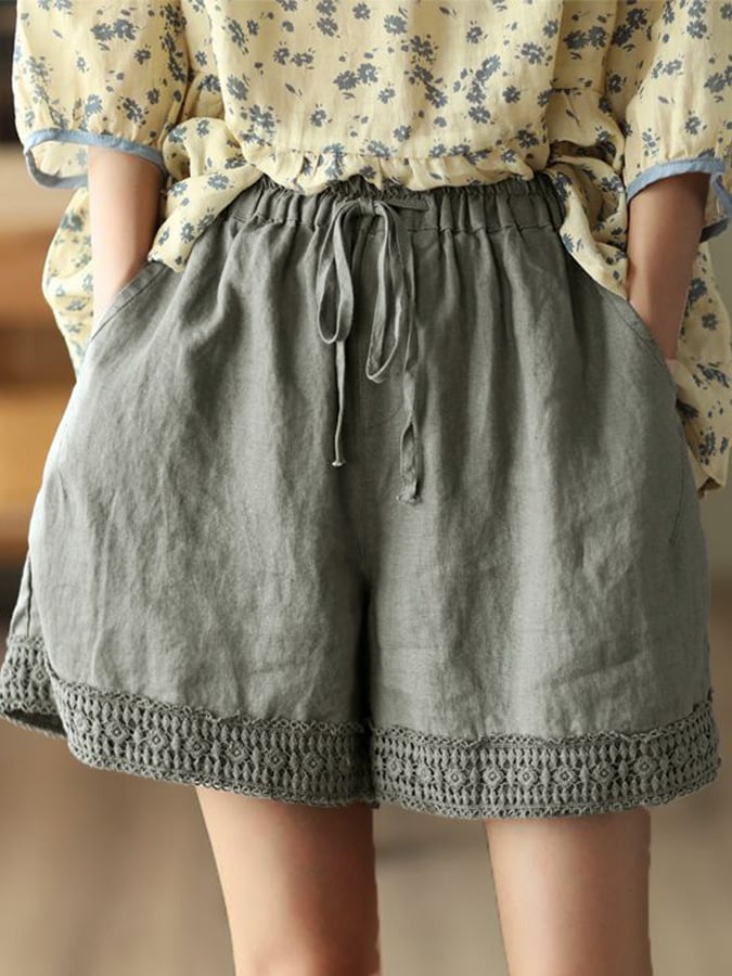 Retro Hollow Crochet Mosaic Cotton Linen Shorts