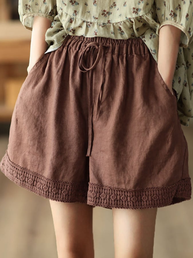 Retro Hollow Crochet Mosaic Cotton Linen Shorts