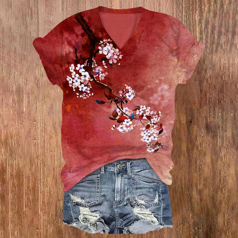 Dashingsoul Japanese Antique Pear Blossom Ink Painting Print Short Sleeves V-neck T-shirt