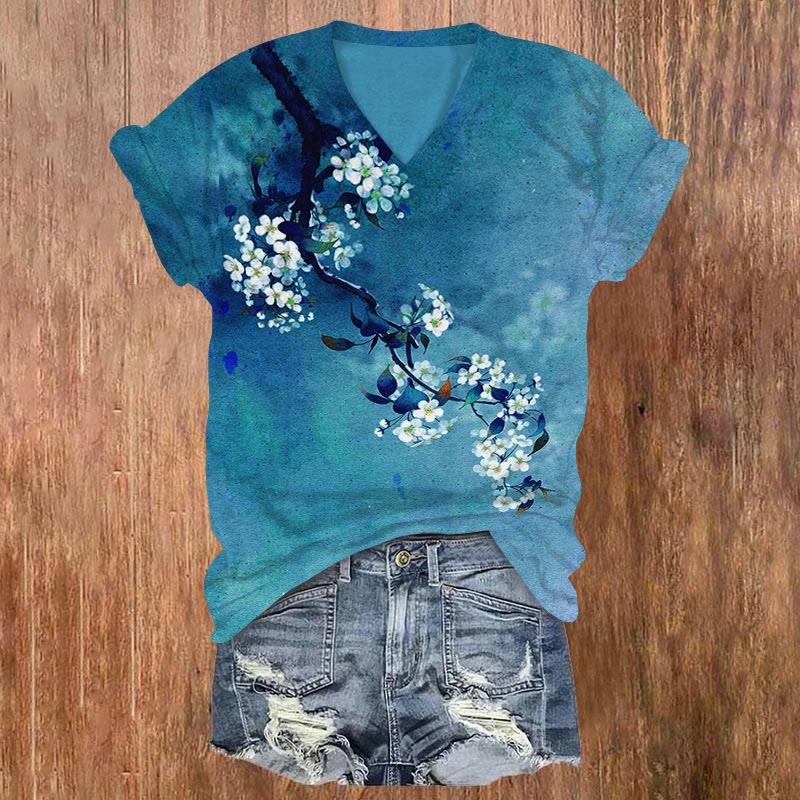Dashingsoul Japanese Antique Pear Blossom Ink Painting Print Short Sleeves V-neck T-shirt