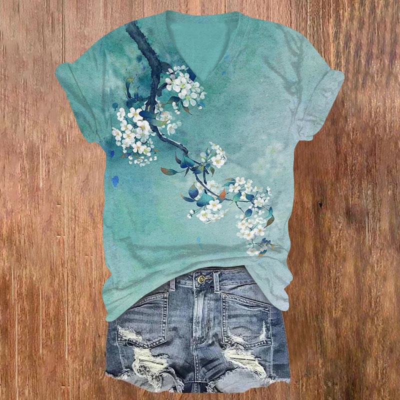 Dashingsoul Japanese Antique Pear Blossom Ink Painting Print Short Sleeves V-neck T-shirt