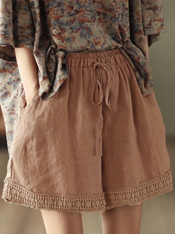 Retro Hollow Crochet Mosaic Cotton Linen Shorts