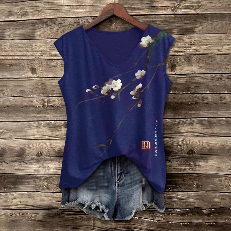 Dashingsoul Vintage Plum Blossom Art Print Women's Casual V-neck Tank Top