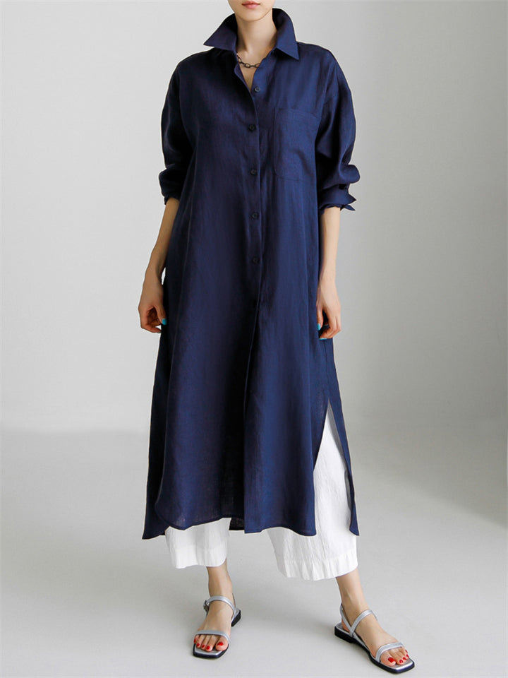Women's Solid Color Casual Elegant Cotton And Linen Irregular Shirt Long Dress