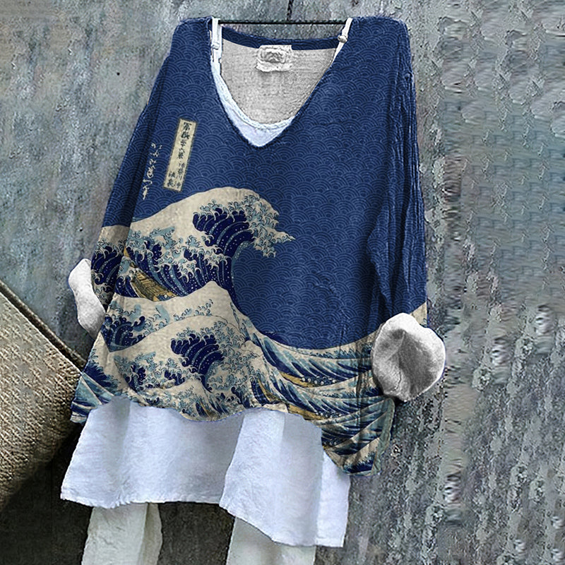 Vintage Japanese Art  V Neck Casual Shirt