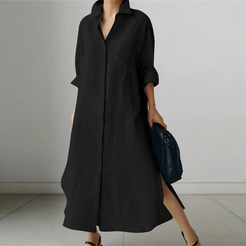 Women's Solid Color Casual Elegant Cotton And Linen Irregular Shirt Long Dress