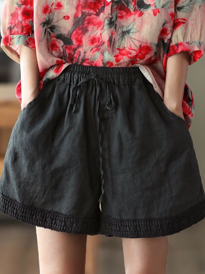 Retro Hollow Crochet Mosaic Cotton Linen Shorts