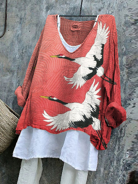 Japanese Ukiyoe Flying Crane Art  V Neck Casual Shirt