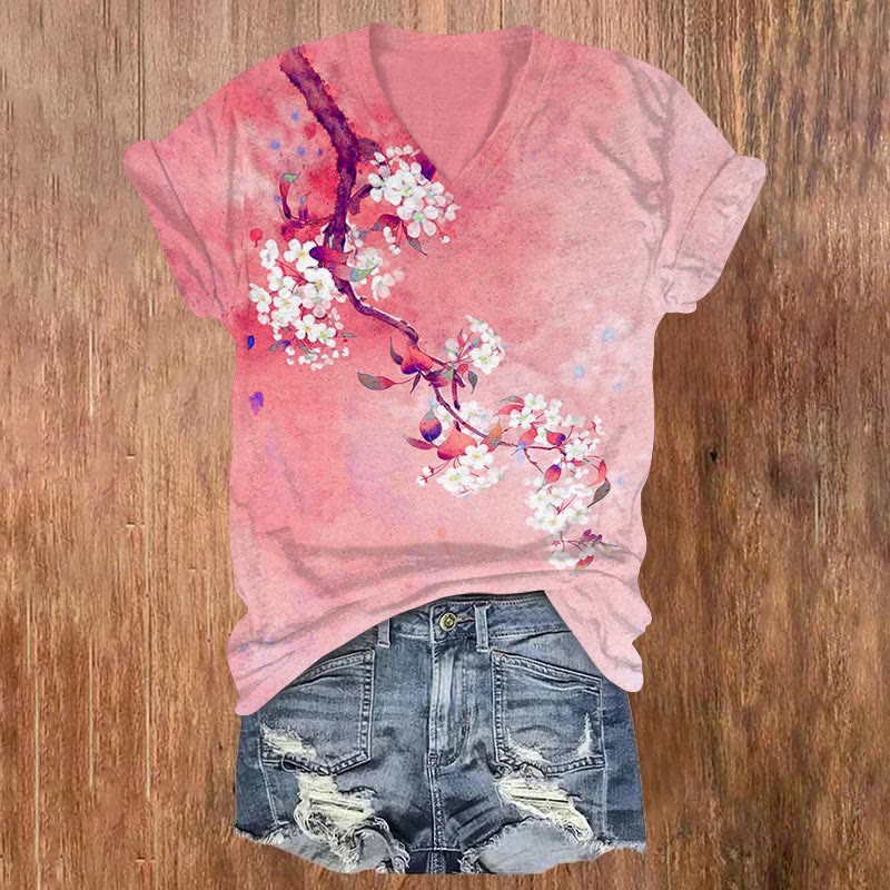 Dashingsoul Japanese Antique Pear Blossom Ink Painting Print Short Sleeves V-neck T-shirt