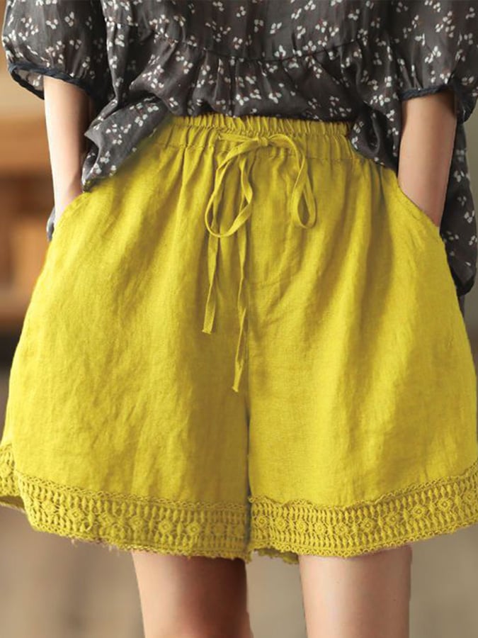 Retro Hollow Crochet Mosaic Cotton Linen Shorts